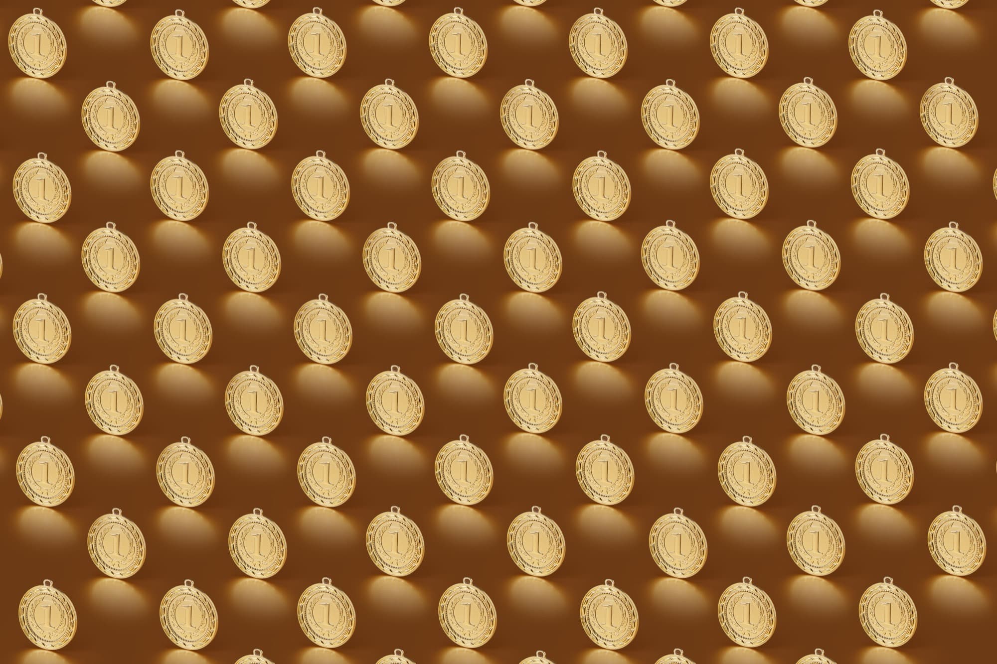 A repeating pattern of gold first place medals on a warm background