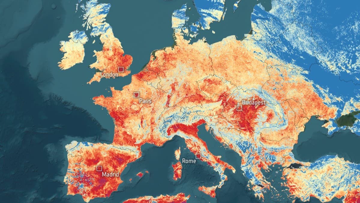 Satellite land surface temperature map of Europe showing intense heat in red across the continent during a heatwave