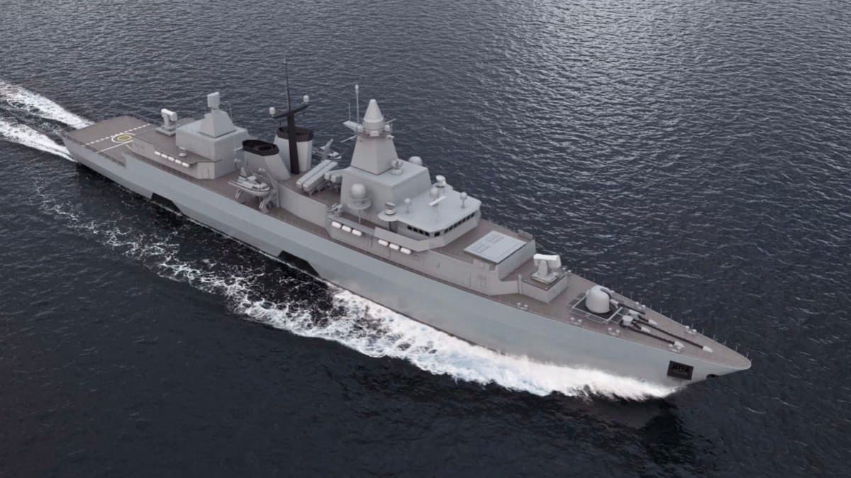 A rendering of a German F128 MEKO A-200 frigate under way at sea