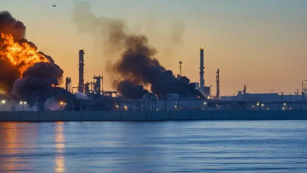 Flames and black smoke rising from an industrial plant on a waterfront at dusk