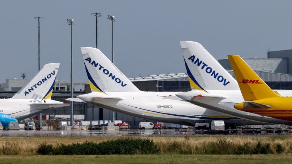 Antonov and DHL cargo aircraft parked at an air freight hub