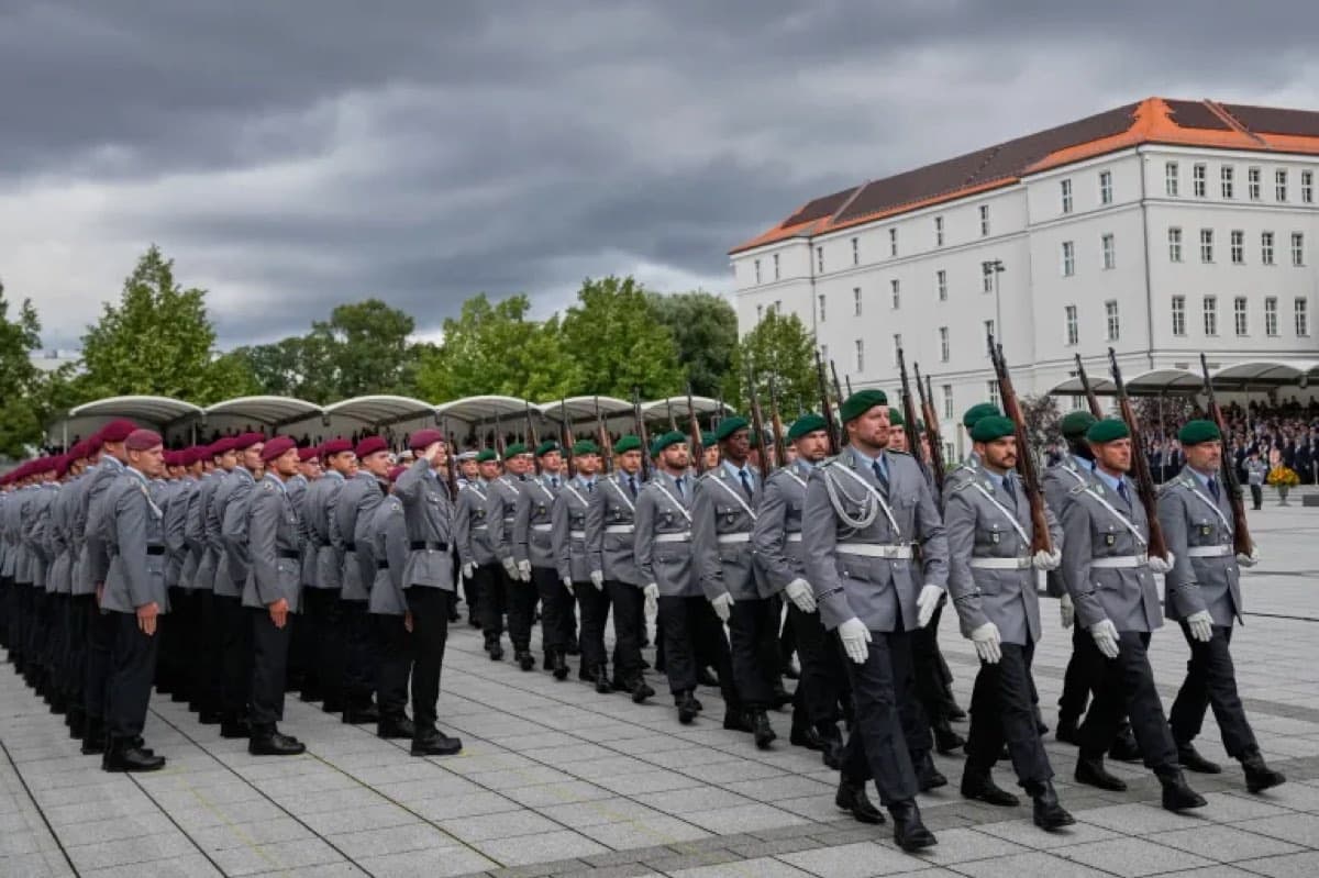 German Bundeswehr soldiers marching in formation during a military ceremony