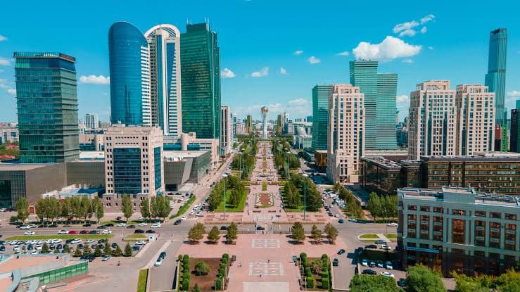 Aerial view of a modern city skyline in Kazakhstan