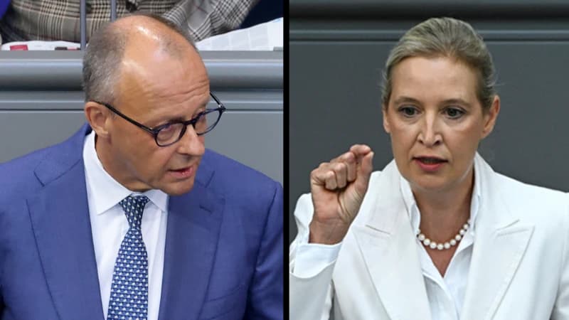 Chancellor Friedrich Merz and AfD co-leader Alice Weidel speaking during a heated Bundestag session