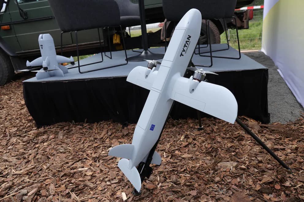 Tytan interceptor drones on display at an outdoor defence exhibition