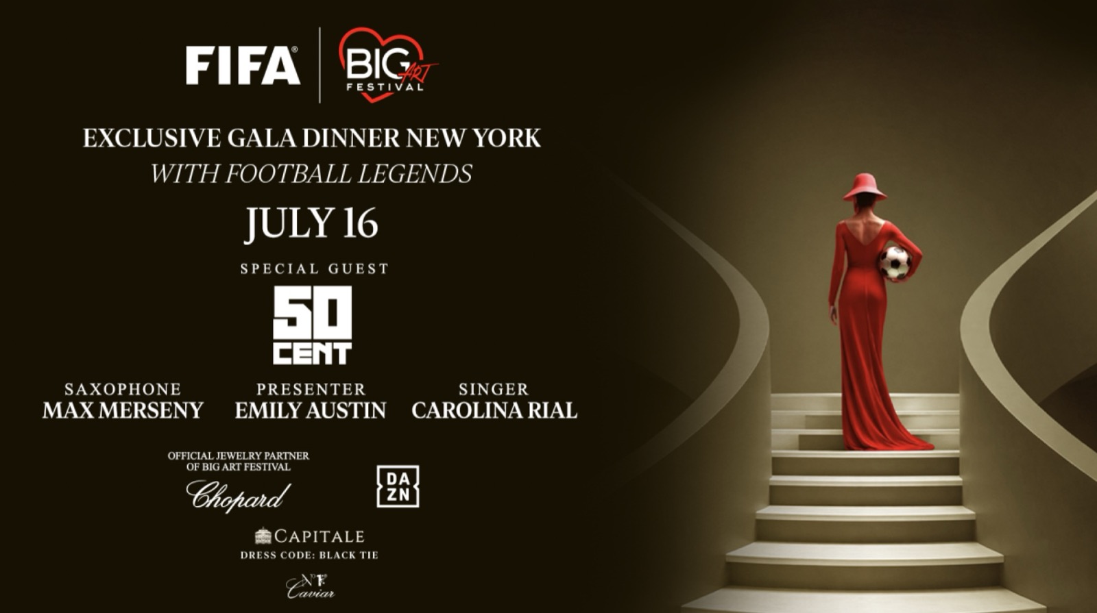 Poster for the FIFA and Big Art Festival gala dinner in New York on July 16 with special guest 50 Cent